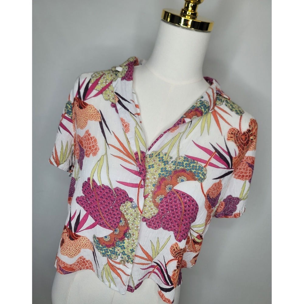 Rachel Zoe Tropical Floral Button Up Blouse White Pink Rayon Small